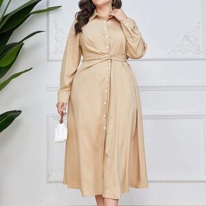 Belted Front Shirt Dress Beige